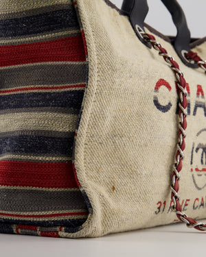 Chanel Blue and Red Medium Deauville Tote with Stripe Detail and Silver Hardware