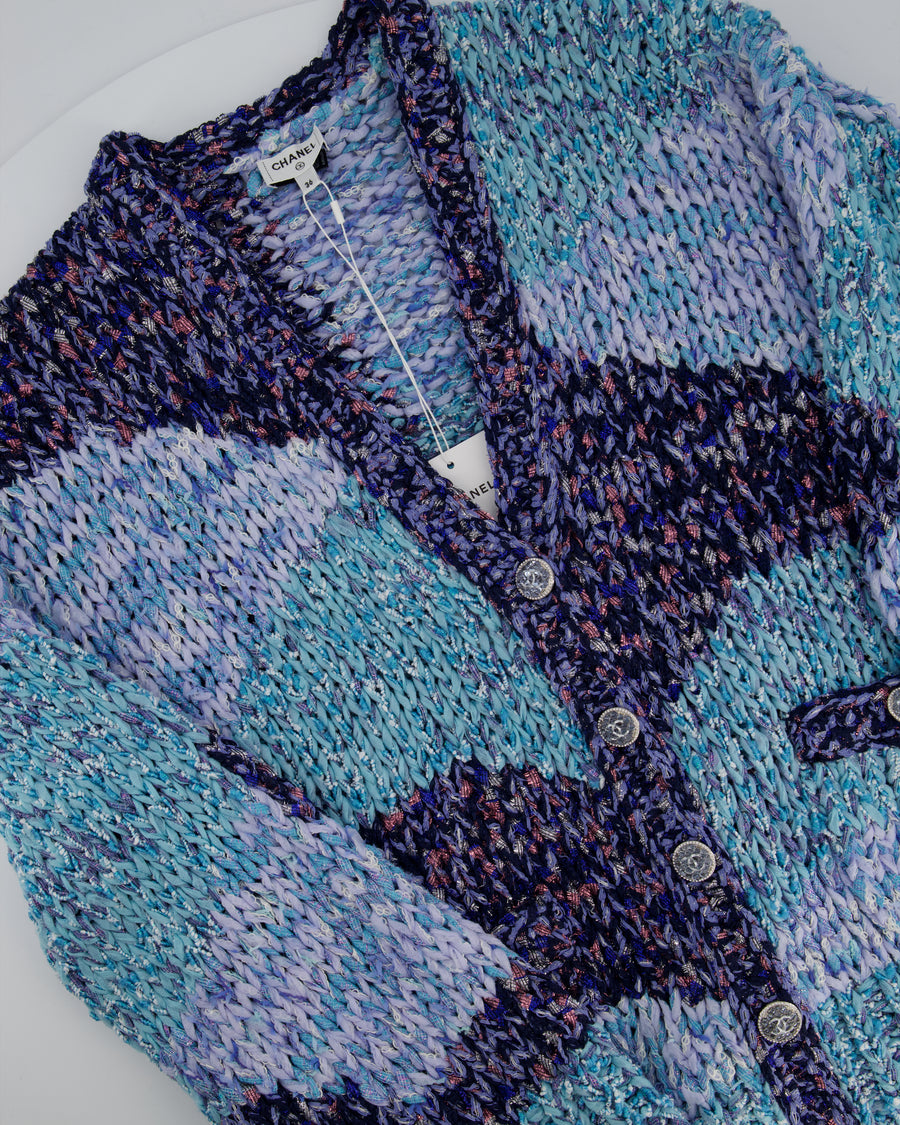Chanel 23P Aqua Blue Metallic, Navy White Crochet Knit Oversized Cardigan with Silver Logo Crystal Buttons Size FR 36 (UK 8)