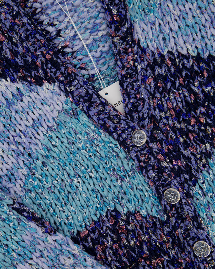 Chanel 23P Aqua Blue Metallic, Navy White Crochet Knit Oversized Cardigan with Silver Logo Crystal Buttons Size FR 36 (UK 8)