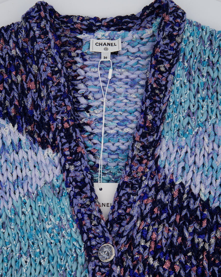 Chanel 23P Aqua Blue Metallic, Navy White Crochet Knit Oversized Cardigan with Silver Logo Crystal Buttons Size FR 36 (UK 8)