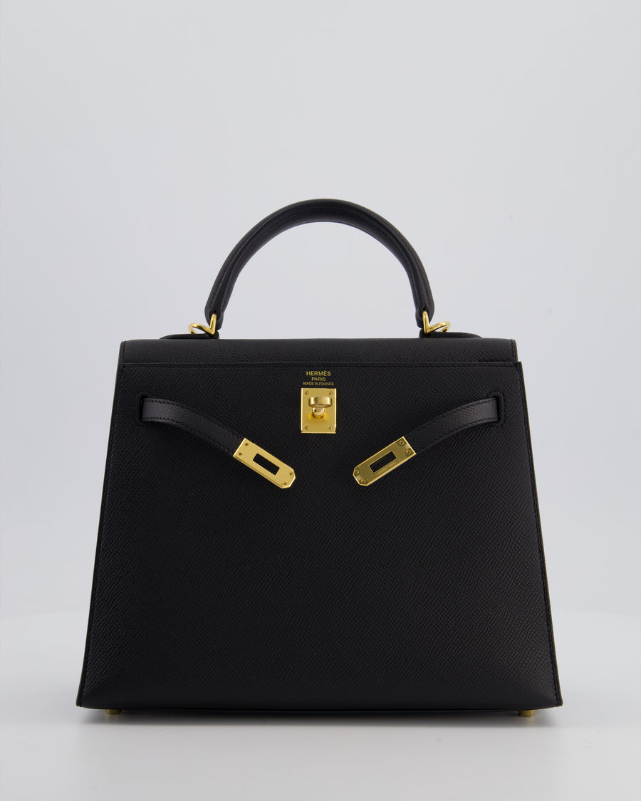 *HOT* Hermès Kelly 25 Sellier Bag in Noir Epsom Leather with Gold Hardware
