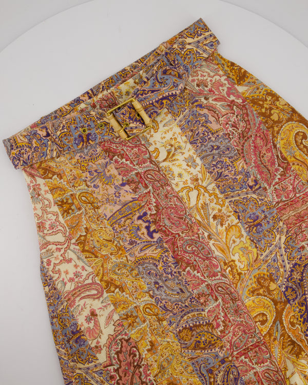 Zimmermann Orange and Brown Paisley Belted Linen Midi Skirt Size 1 (UK 10)