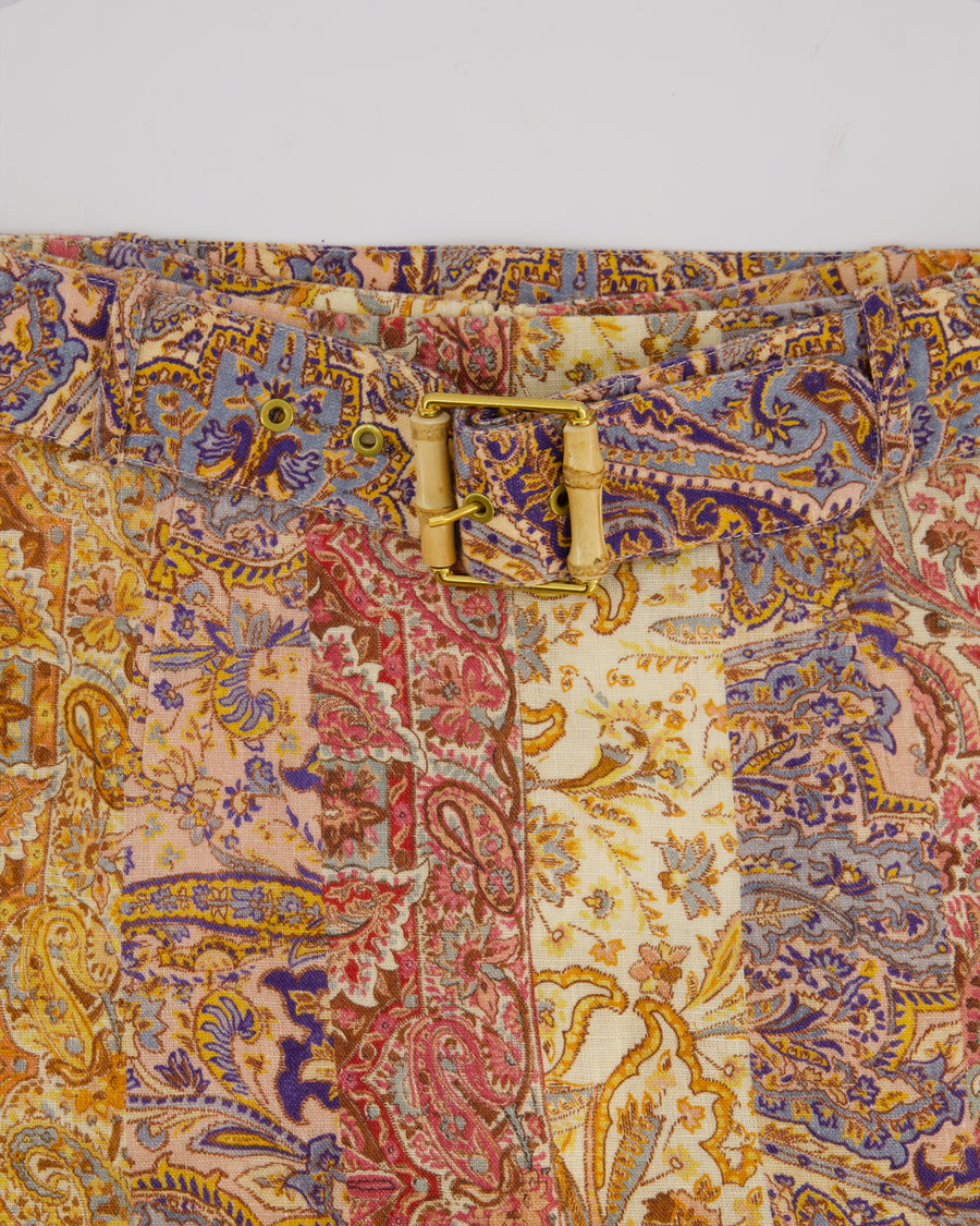 Zimmermann Orange and Brown Paisley Belted Linen Midi Skirt Size 1 (UK 10)