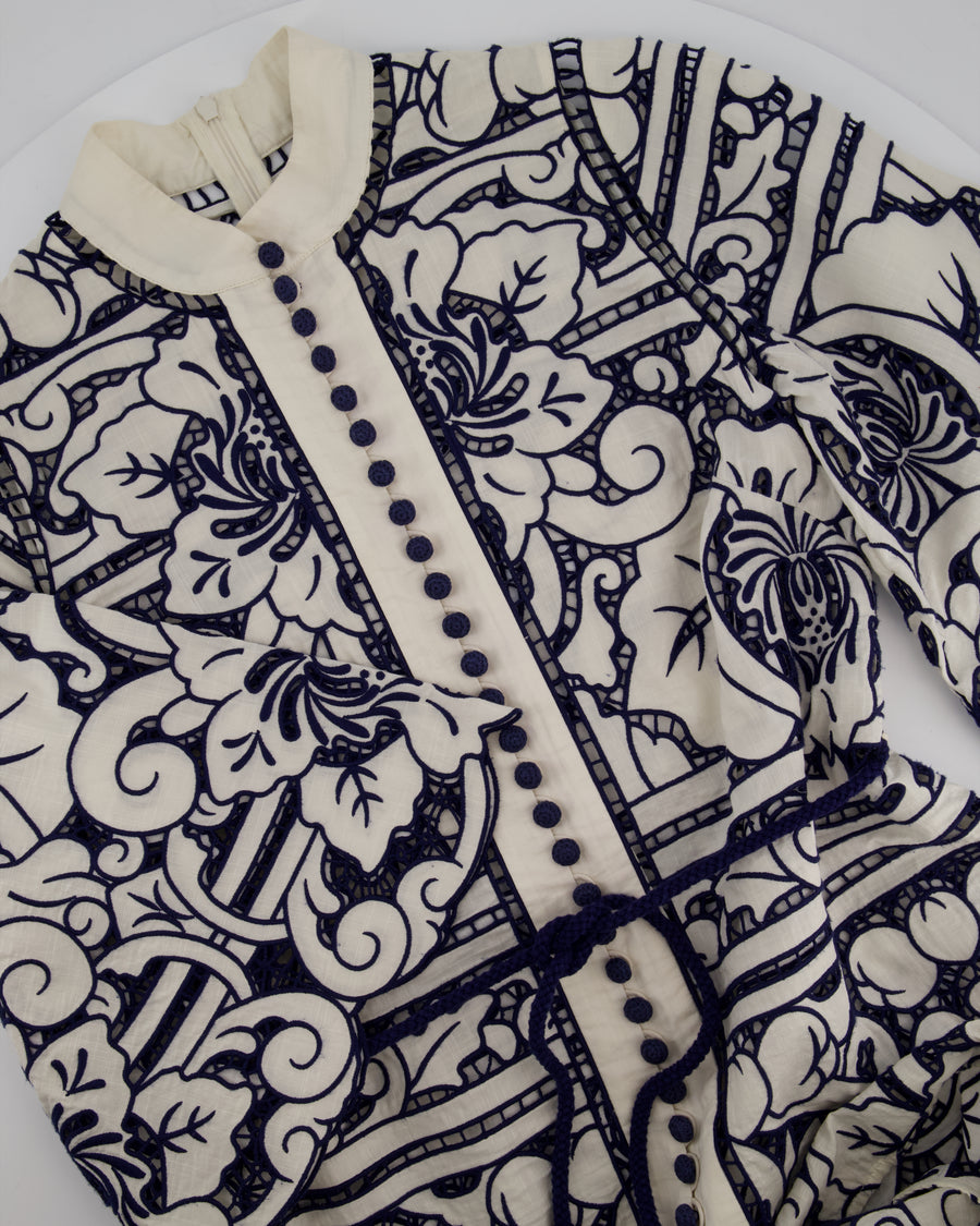 Zimmermann White and Blue Embroidered Midi Dress with Belt Size 0 (UK 8)