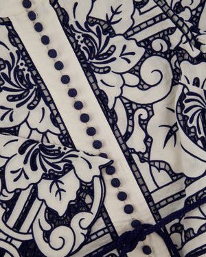 Zimmermann White and Blue Embroidered Midi Dress with Belt Size 0 (UK 8)