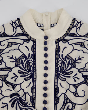 Zimmermann White and Blue Embroidered Midi Dress with Belt Size 0 (UK 8)