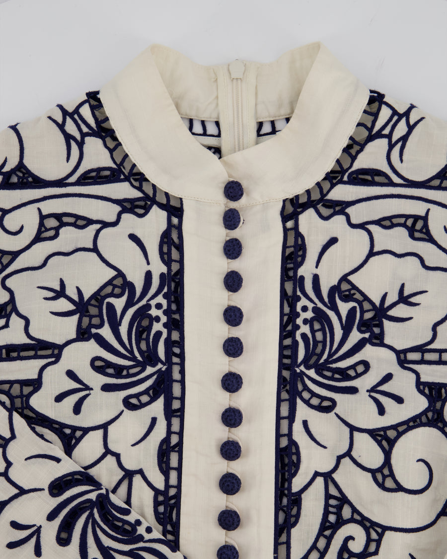 Zimmermann White and Blue Embroidered Midi Dress with Belt Size 0 (UK 8)
