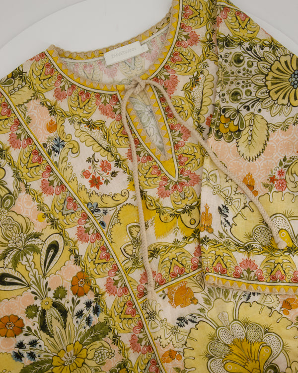 Zimmermann Laurel Floral Linen Kaftan Dress With Tie Detail Size 0 (UK 8)