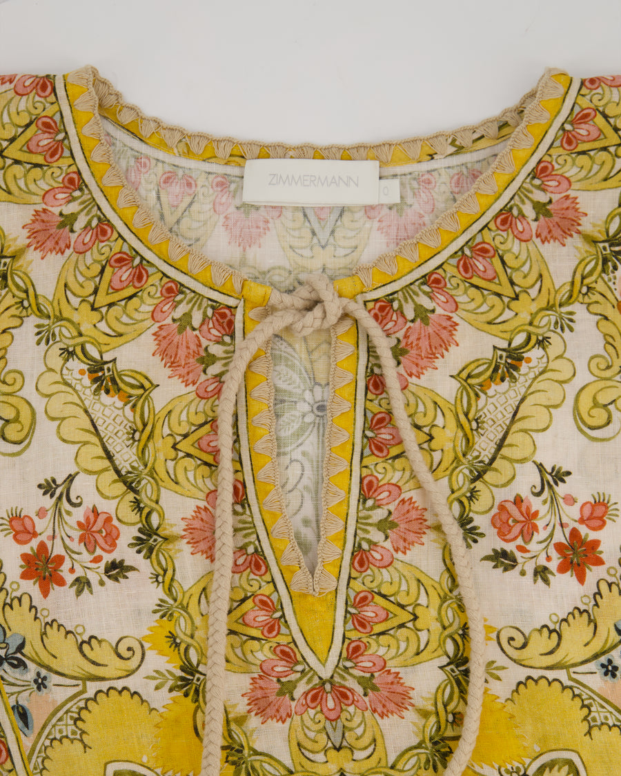 Zimmermann Laurel Floral Linen Kaftan Dress With Tie Detail Size 0 (UK 8)