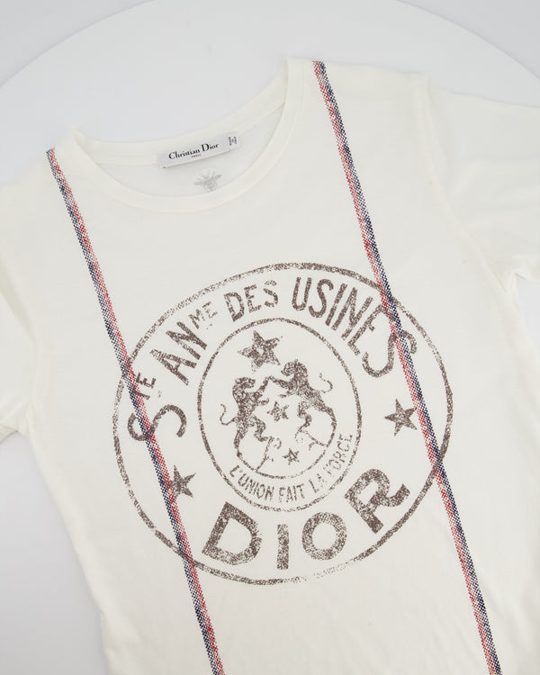 Christian Dior "St Anne Des Usines" White T-Shirt with Stripe and Logo Detail FR 36 (UK 8)