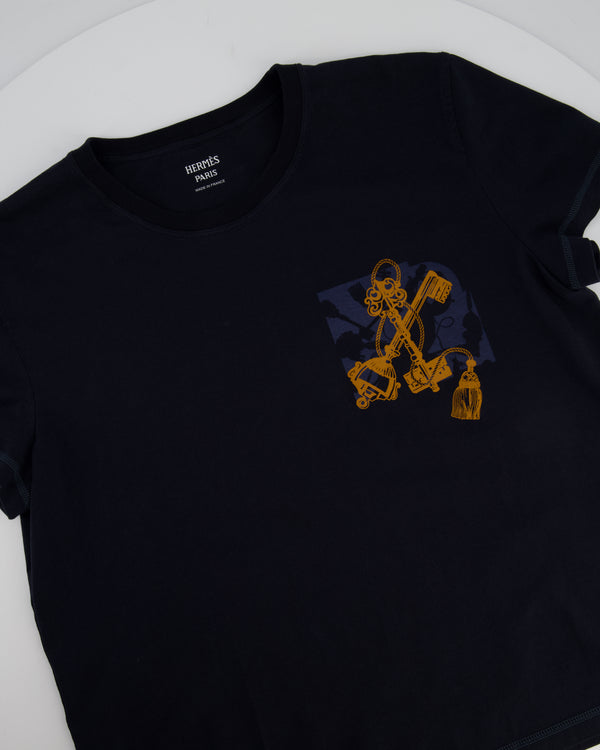 Hermes T-Shirt in Bleu Noir with "Les Clefs" Print in Size FR 38 (UK 10)