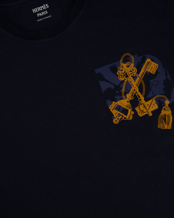 Hermes T-Shirt in Bleu Noir with "Les Clefs" Print in Size FR 38 (UK 10)