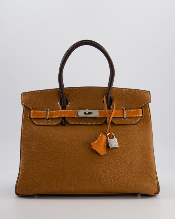Hermès Birkin 30 Tricolour Retourne Bag in Gold, Chocolate and Orange Togo Leather with Palladium Hardware