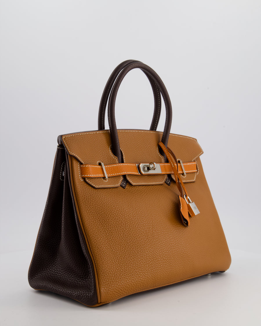 Hermès Birkin 30 Tricolour Retourne Bag in Gold, Chocolate and Orange Togo Leather with Palladium Hardware
