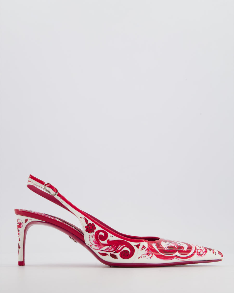 Dolce & Gabbana White and Pink Pattern Patent Leather Pointed Slingback Heels Size EU 37