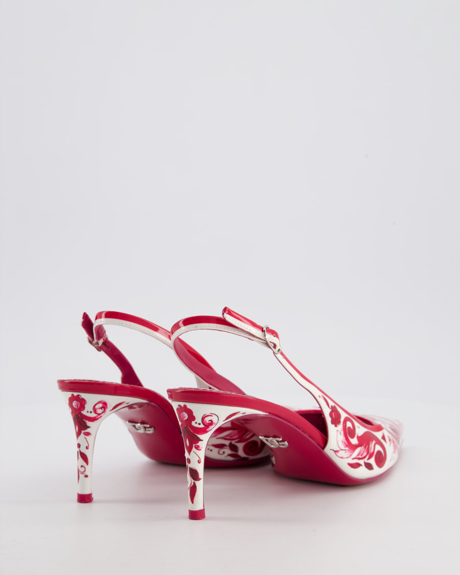 Dolce & Gabbana White and Pink Pattern Patent Leather Pointed Slingback Heels Size EU 37
