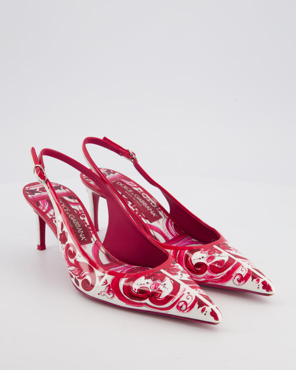 Dolce & Gabbana White and Pink Pattern Patent Leather Pointed Slingback Heels Size EU 37