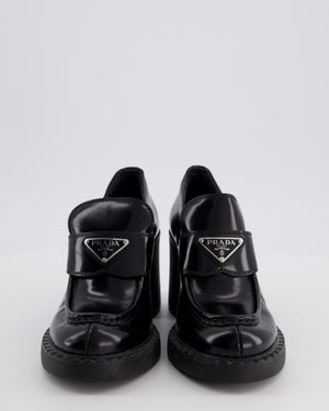 Prada Black Heeled Leather Loafers with Logo Plaque Size EU 36.5