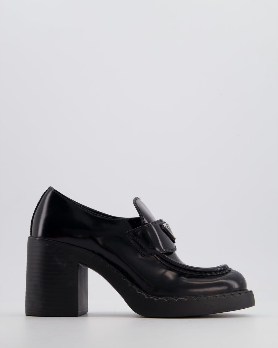 Prada Black Heeled Leather Loafers with Logo Plaque Size EU 36.5