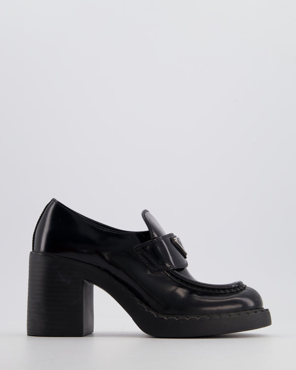 Prada Black Heeled Leather Loafers with Logo Plaque Size EU 36.5