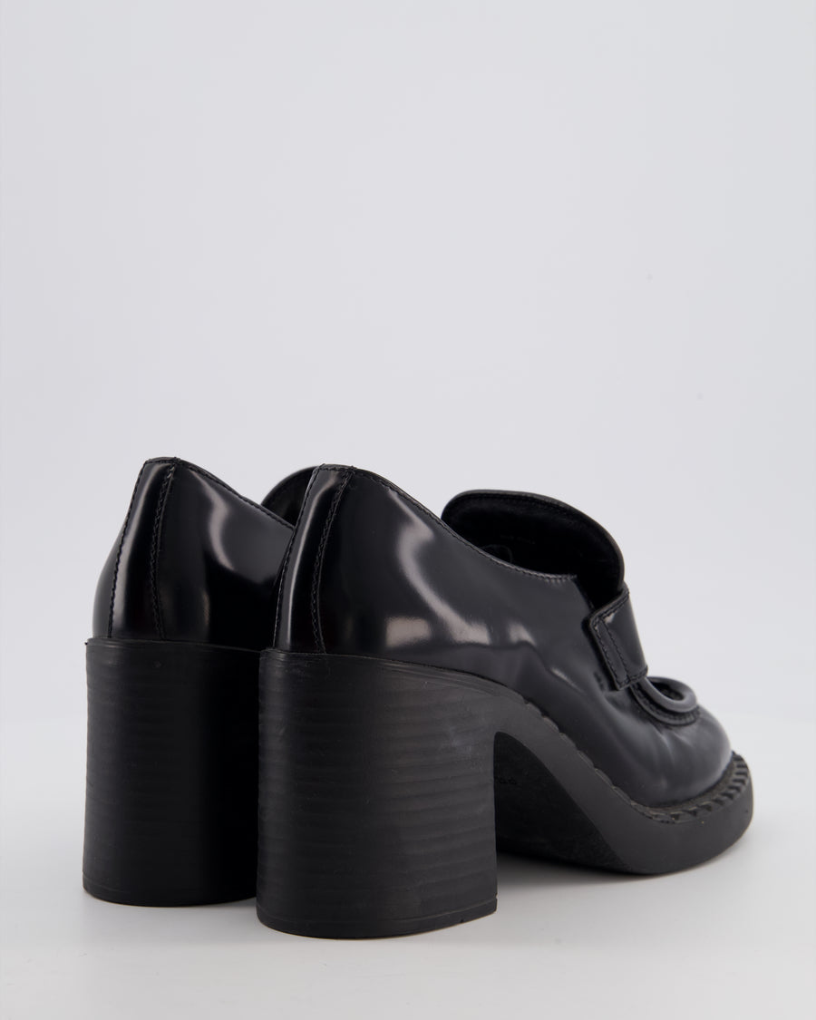 Prada Black Heeled Leather Loafers with Logo Plaque Size EU 36.5