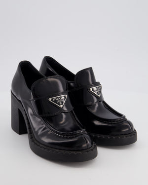 Prada Black Heeled Leather Loafers with Logo Plaque Size EU 36.5