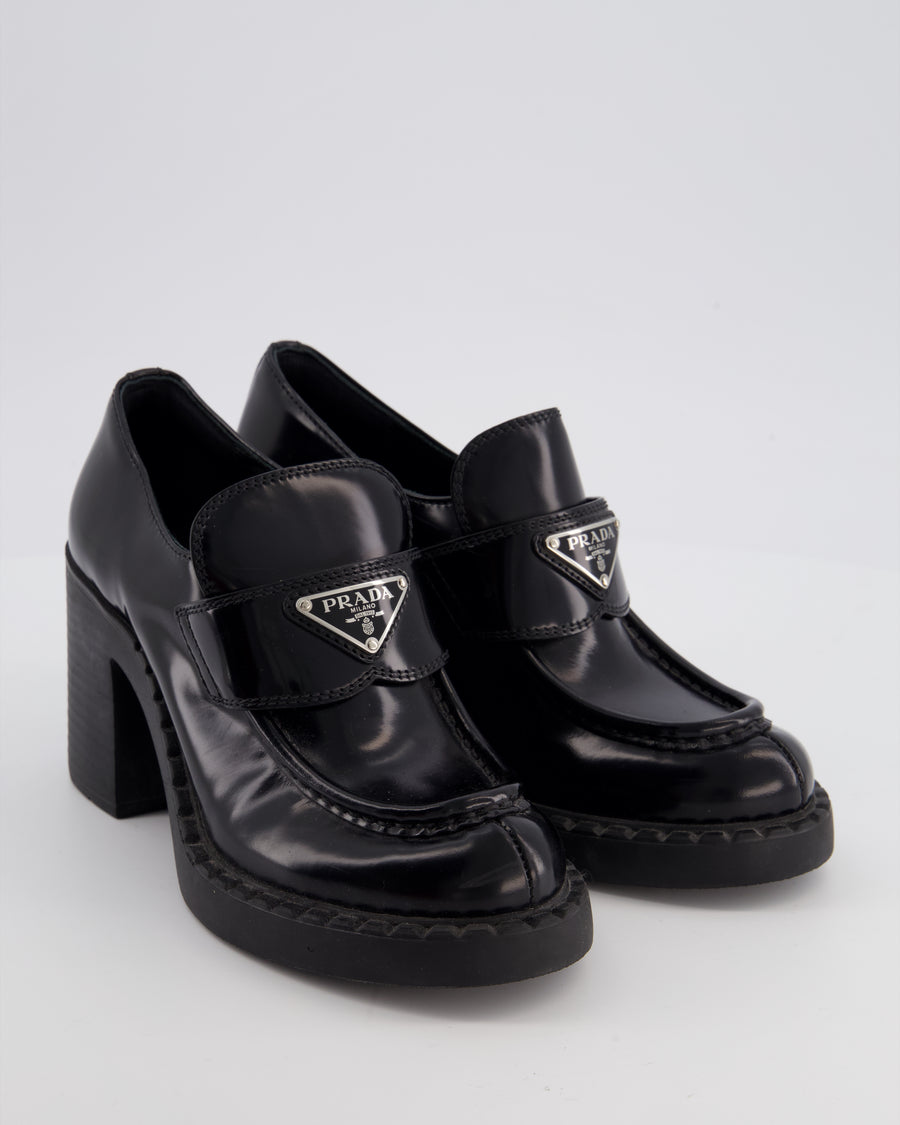 Prada Black Heeled Leather Loafers with Logo Plaque Size EU 36.5