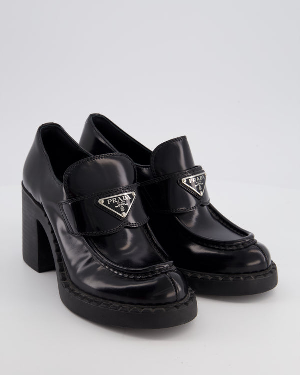 Prada Black Heeled Leather Loafers with Logo Plaque Size EU 36.5