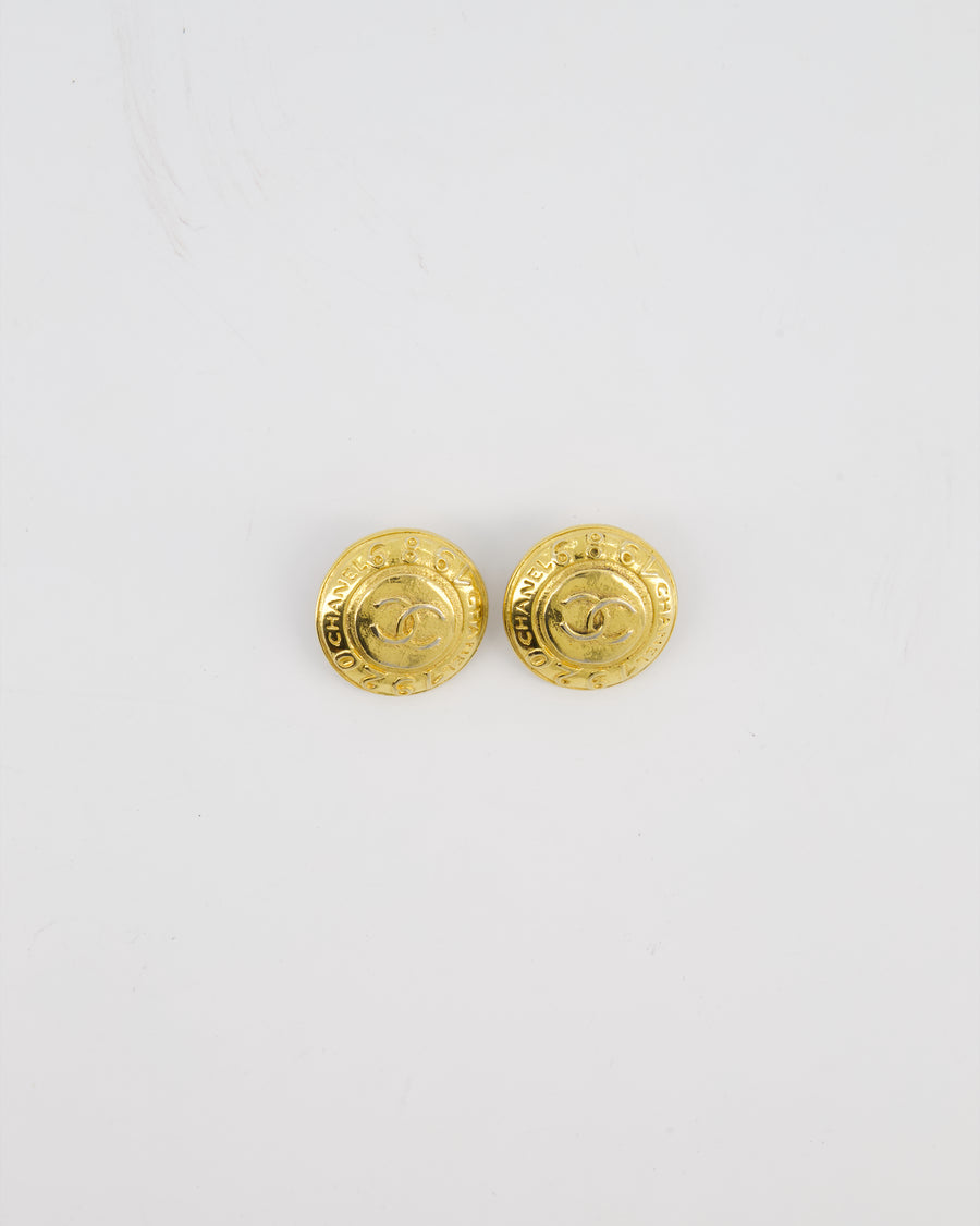 Chanel Vintage Gold Classic Round Clip-On Earrings with Gold CC Logo