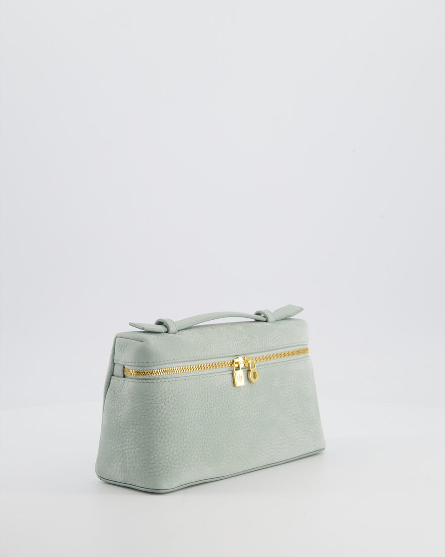*HOT* Loro Piana Pale Blue Nubuck Leather L19 Extra Pocket Pouch Bag with Gold Hardware