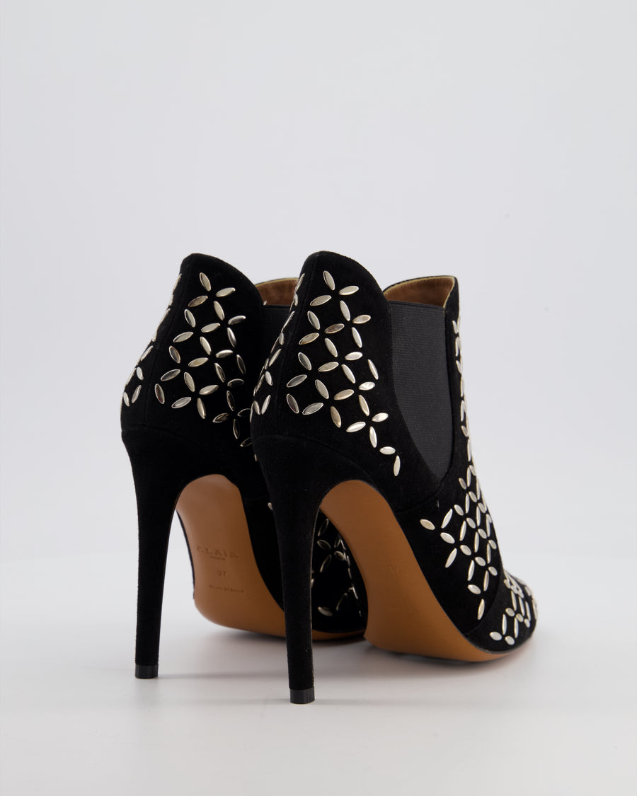 Alaïa Black Suede Heeled Ankle Boots With Silver Stud Details Size EU 37