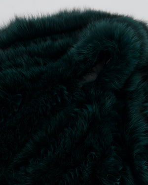 Etro Green Fox Fur and Silk Long Scarf with Striped Lining and Ruffle Detail