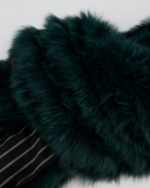 Etro Green Fox Fur and Silk Long Scarf with Striped Lining and Ruffle Detail