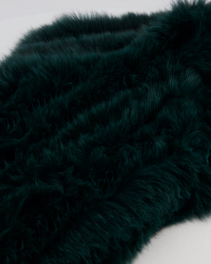 Etro Green Fox Fur and Silk Long Scarf with Striped Lining and Ruffle Detail