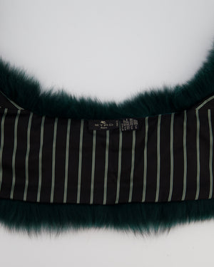 Etro Green Fox Fur and Silk Long Scarf with Striped Lining and Ruffle Detail