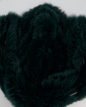 Etro Green Fox Fur and Silk Long Scarf with Striped Lining and Ruffle Detail