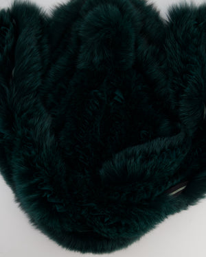 Etro Green Fox Fur and Silk Long Scarf with Striped Lining and Ruffle Detail