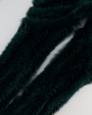 Etro Green Fox Fur and Silk Long Scarf with Striped Lining and Ruffle Detail