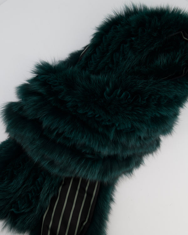 Etro Green Fox Fur and Silk Long Scarf with Striped Lining and Ruffle Detail