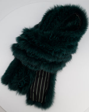 Etro Green Fox Fur and Silk Long Scarf with Striped Lining and Ruffle Detail