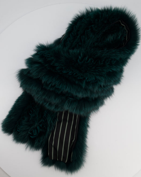 Etro Green Fox Fur and Silk Long Scarf with Striped Lining and Ruffle Detail