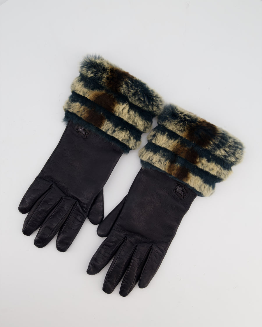 Burberry Black Leather Gloves with Teal, Beige Brown Fur Trim & Logo Detail Size 7.5 (S/M)
