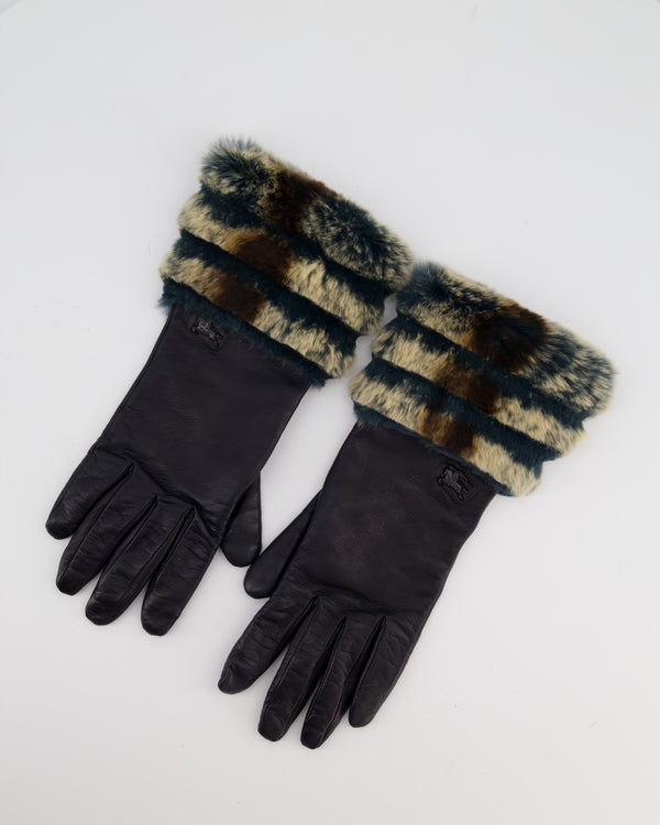 Burberry Black Leather Gloves with Teal, Beige Brown Fur Trim & Logo Detail Size 7.5 (S/M)