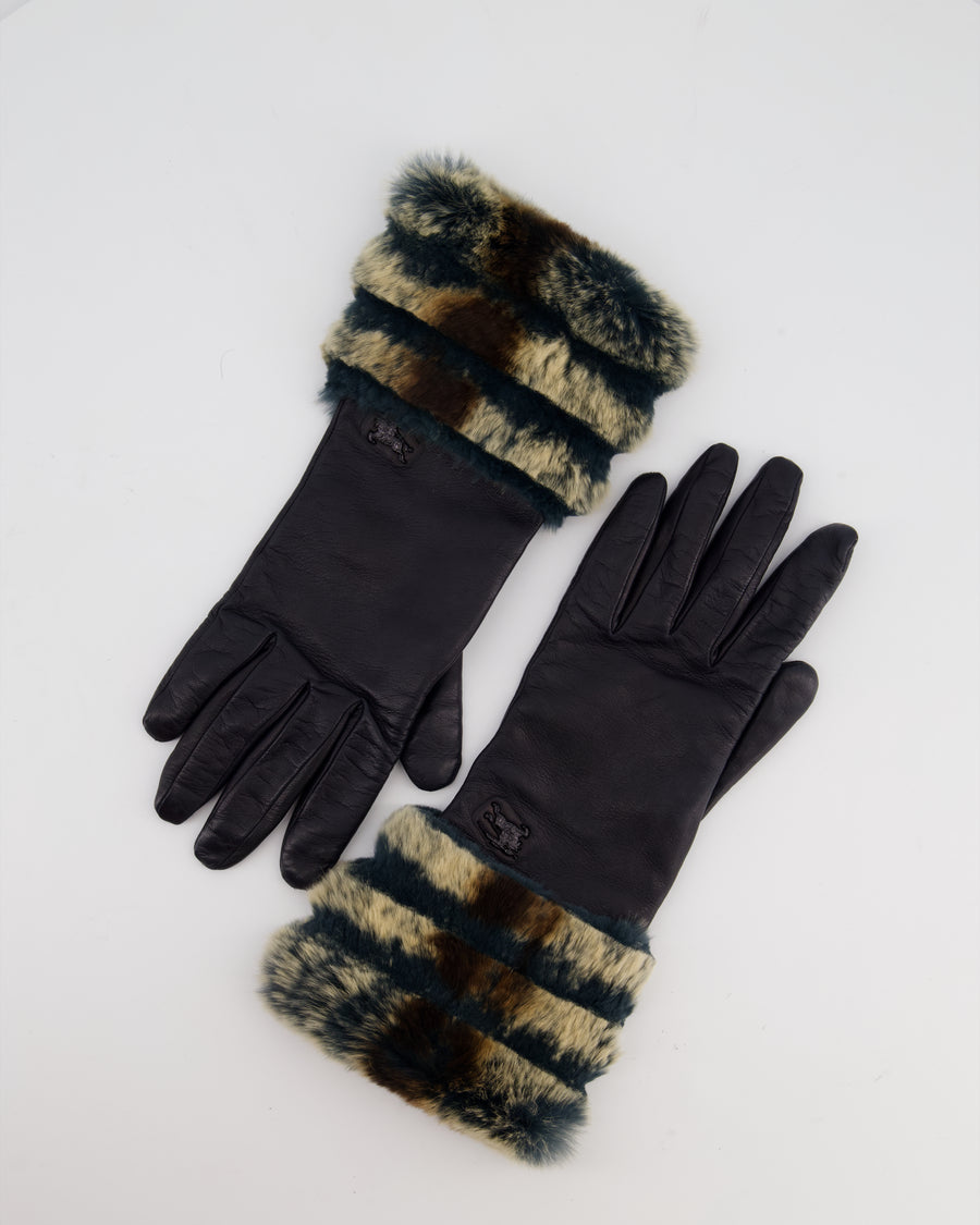 Burberry Black Leather Gloves with Teal, Beige Brown Fur Trim & Logo Detail Size 7.5 (S/M)