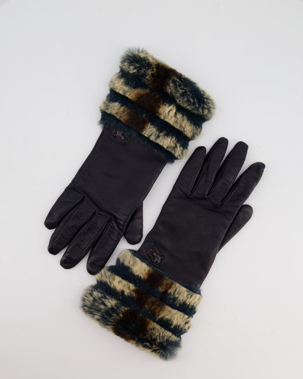 Burberry Black Leather Gloves with Teal, Beige Brown Fur Trim & Logo Detail Size 7.5 (S/M)