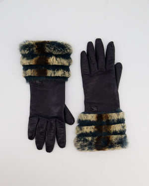Burberry Black Leather Gloves with Teal, Beige Brown Fur Trim & Logo Detail Size 7.5 (S/M)
