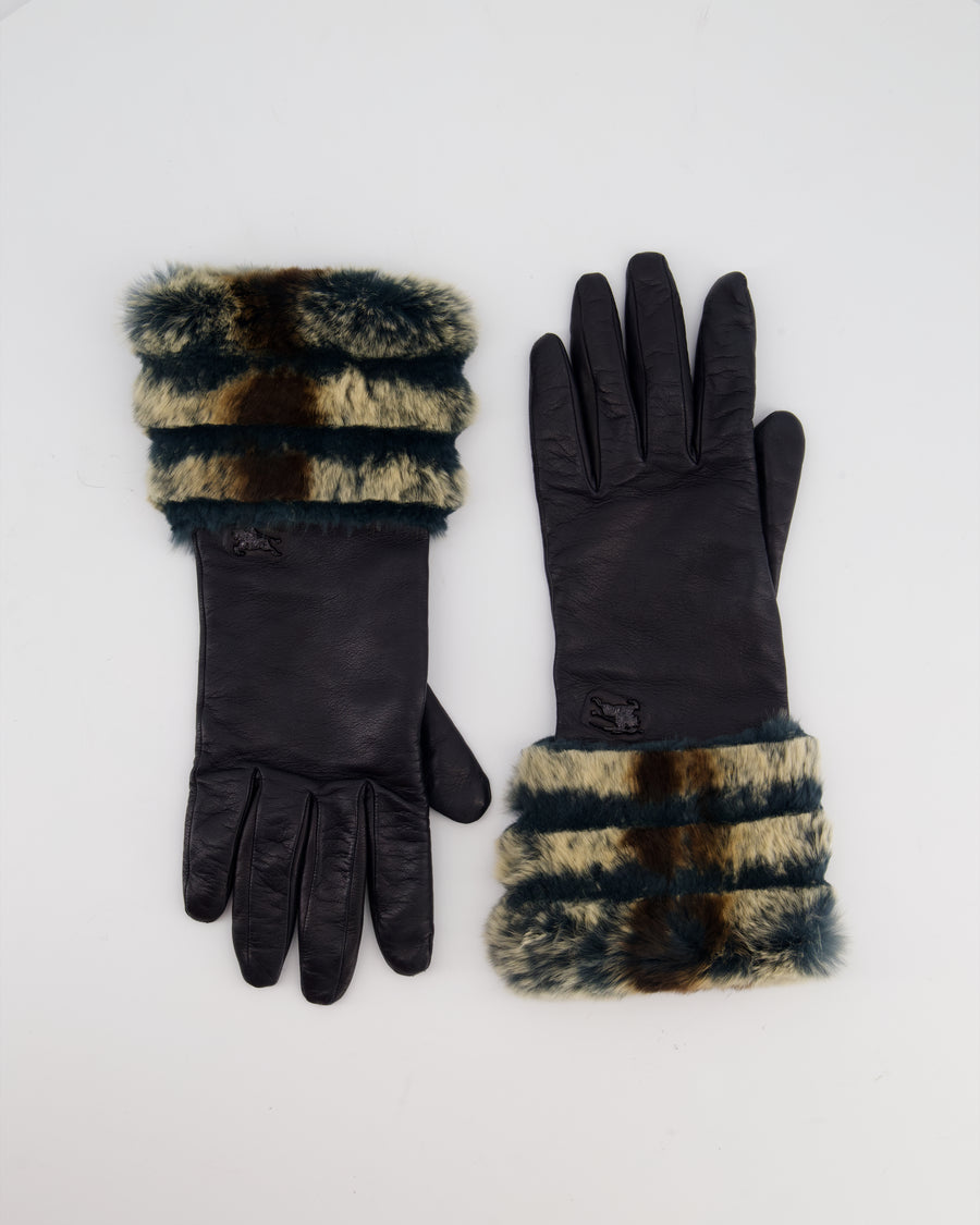 Burberry Black Leather Gloves with Teal, Beige Brown Fur Trim & Logo Detail Size 7.5 (S/M)