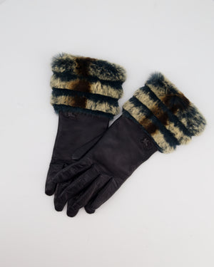 Burberry Black Leather Gloves with Teal, Beige Brown Fur Trim & Logo Detail Size 7.5 (S/M)