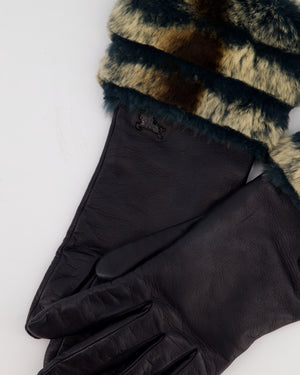 Burberry Black Leather Gloves with Teal, Beige Brown Fur Trim & Logo Detail Size 7.5 (S/M)