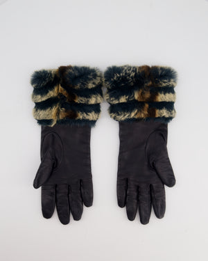 Burberry Black Leather Gloves with Teal, Beige Brown Fur Trim & Logo Detail Size 7.5 (S/M)